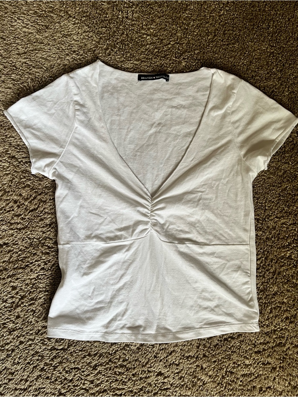 Brandy Melville White Short-Sleeve V-Neck Ruched Tee